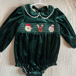 Green velvet smocked embroidered Christmas bubble